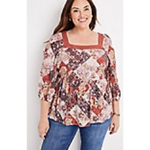 Maurices Womens Peasant Top Plus Size 2X Beige Boho Shirt Floral Patchwork Work - Picture 1 of 16